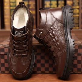 Men's Solid Color Winter Short Boots, Faux Leather Anti-skid Lace-up Boots With Fuzzy Lining For Outdoor