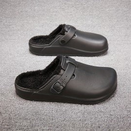 Men's Cozy EVA House Slippers, Waterproof Anti-skid Slip-on Shoes With Fuzzy Lining And Buckle Decor For Indoor Walking, Autumn And Winter
