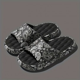 Men's Trendy Flower Print Slip On Platform Slides, Unisex Casual Open Toe Anti-skid Slippers For Indoor Outdoor Bathroom