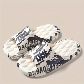 Men's Trendy Flower Print Slip On Platform Slides, Unisex Casual Open Toe Anti-skid Slippers For Indoor Outdoor Bathroom