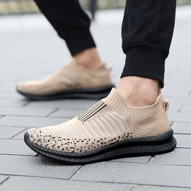 Men's Trendy Breathable Knit Striped Slip On Sneakers, Casual Outdoor Comfortable Anti-skid Shoes For Running Jogging