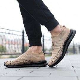 Men's Trendy Breathable Knit Striped Slip On Sneakers, Casual Outdoor Comfortable Anti-skid Shoes For Running Jogging