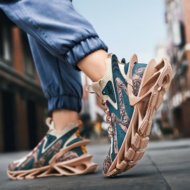 PLUS SIZE Men's Knit Breathable Blade Type Running Shoes With Shock Absorption, Comfy Non Slip Lace Up Sneakers For Men's Outdoor Activities