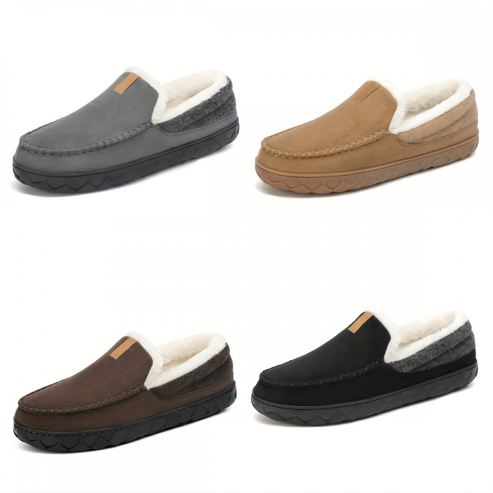 Men's Solid Color Fuzz Lines Loafers, Breathable Lightweight Anti-skid Slip On Casual Shoes With Suede Uppers For Indoor Walking, Autumn And Winter